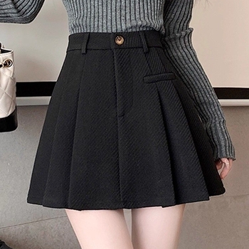 A linijos vilnonė klostuota trumpa sijonė, aukštas liemuo, be lyginimo, pavasaris 2025