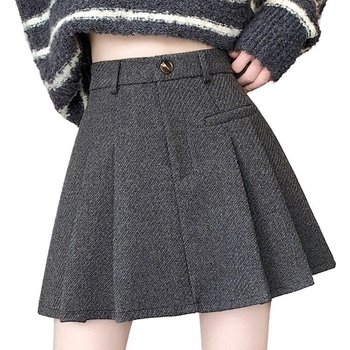 A linijos vilnonė klostuota trumpa sijonė, aukštas liemuo, be lyginimo, pavasaris 2025