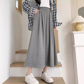 Moterų sijonas su vieno atspalvio raštu ir koliažo detalėmis, medvilnės audinys, vidutinio ilgio, mikroelastinis, ruduo 2025