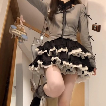 Pufinis sijonas, aukštos juosmens, kordurojo-poliesterio mišinys su nėriniu, aukšta elastingumas, vasara 2025