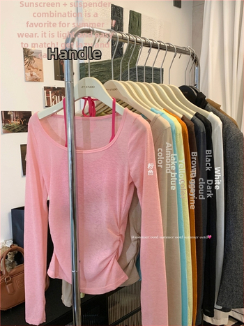 Дамска тънка мрежеста памучна тениска, Slim fit, къс модел, дълги ръкави, лято 2024
