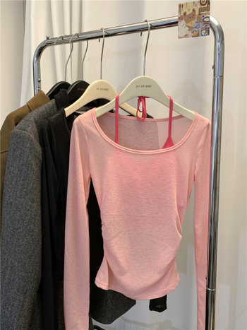 Дамска тънка мрежеста памучна тениска, Slim fit, къс модел, дълги ръкави, лято 2024