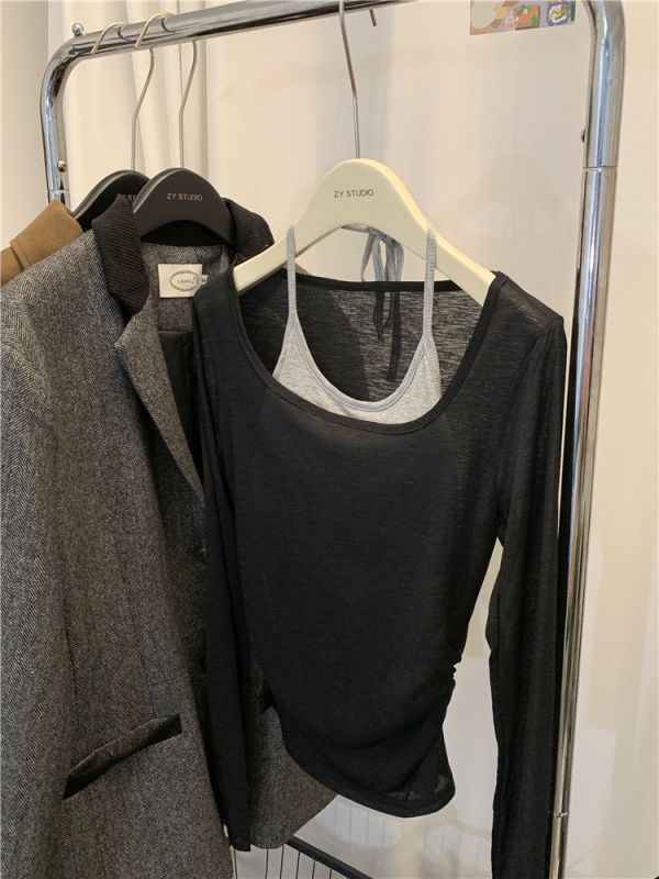 Дамска тънка мрежеста памучна тениска, Slim fit, къс модел, дълги ръкави, лято 2024