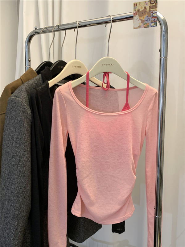 Дамска тънка мрежеста памучна тениска, Slim fit, къс модел, дълги ръкави, лято 2024