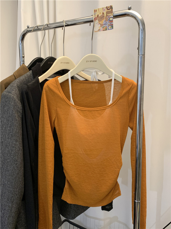 Дамска тънка мрежеста памучна тениска, Slim fit, къс модел, дълги ръкави, лято 2024