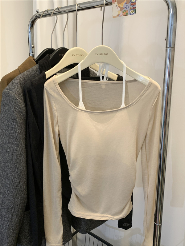 Дамска тънка мрежеста памучна тениска, Slim fit, къс модел, дълги ръкави, лято 2024