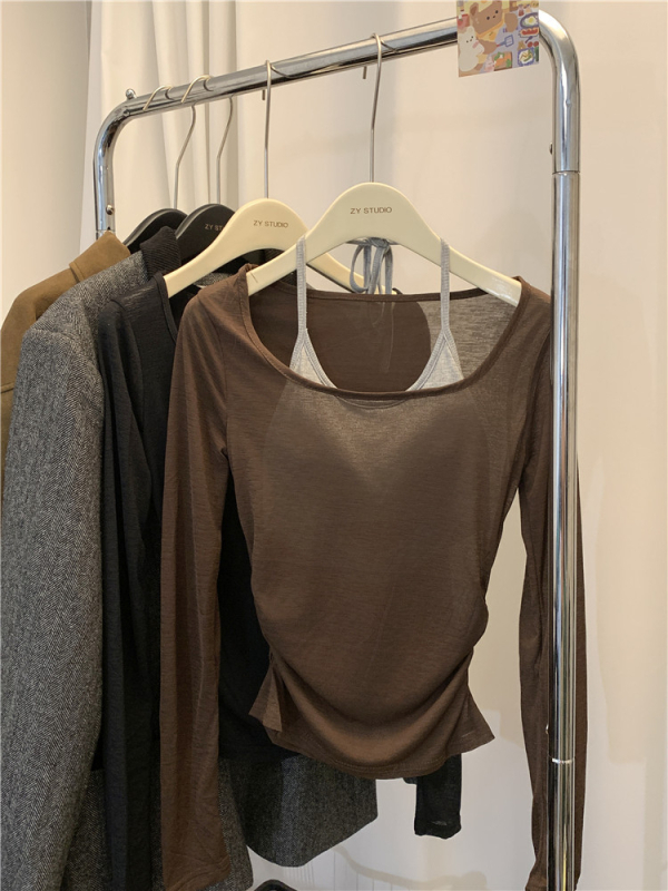Дамска тънка мрежеста памучна тениска, Slim fit, къс модел, дълги ръкави, лято 2024