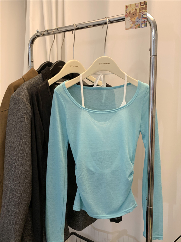 Дамска тънка мрежеста памучна тениска, Slim fit, къс модел, дълги ръкави, лято 2024