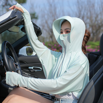 Sievietēm paredzēta kapucēta saules aizsardzības jaka, Ice Silk audums (poliesters + elastāns), īsa, brīva piegriezuma