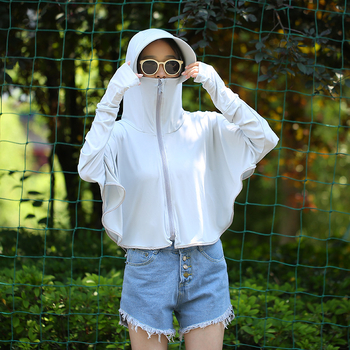 Sievietēm paredzēta kapucēta saules aizsardzības jaka, Ice Silk audums (poliesters + elastāns), īsa, brīva piegriezuma
