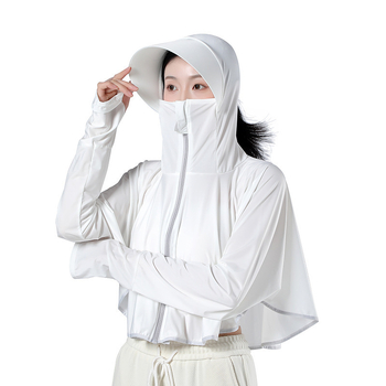 Sievietēm paredzēta kapucēta saules aizsardzības jaka, Ice Silk audums (poliesters + elastāns), īsa, brīva piegriezuma