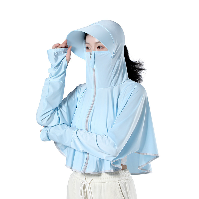 Sievietēm paredzēta kapucēta saules aizsardzības jaka, Ice Silk audums (poliesters + elastāns), īsa, brīva piegriezuma