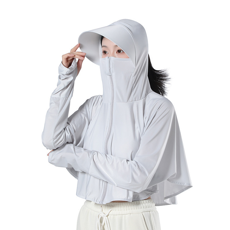 Sievietēm paredzēta kapucēta saules aizsardzības jaka, Ice Silk audums (poliesters + elastāns), īsa, brīva piegriezuma