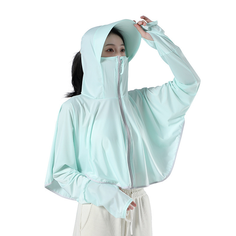 Sievietēm paredzēta kapucēta saules aizsardzības jaka, Ice Silk audums (poliesters + elastāns), īsa, brīva piegriezuma