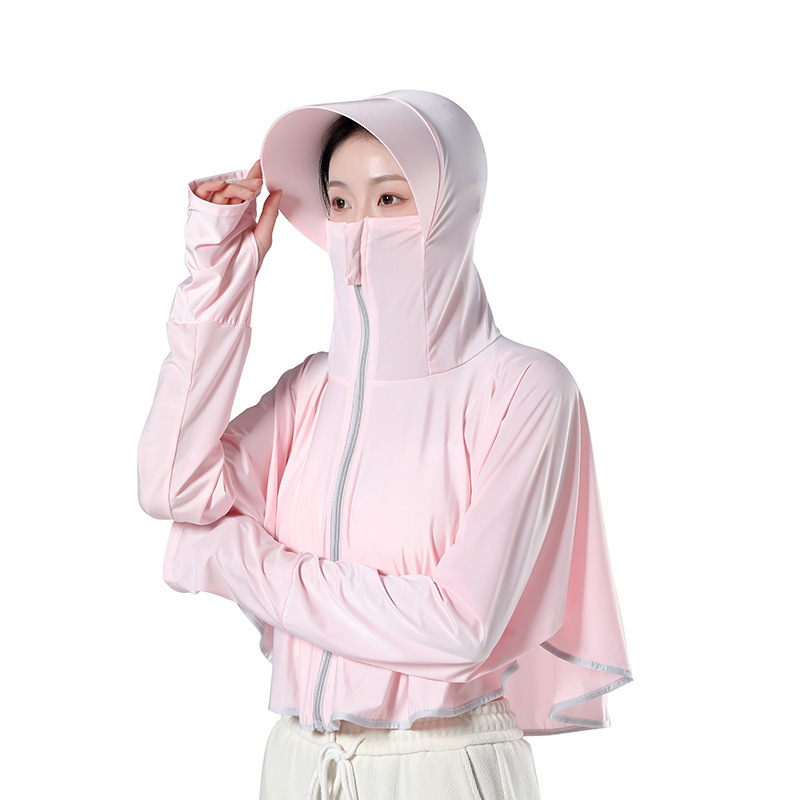 Sievietēm paredzēta kapucēta saules aizsardzības jaka, Ice Silk audums (poliesters + elastāns), īsa, brīva piegriezuma