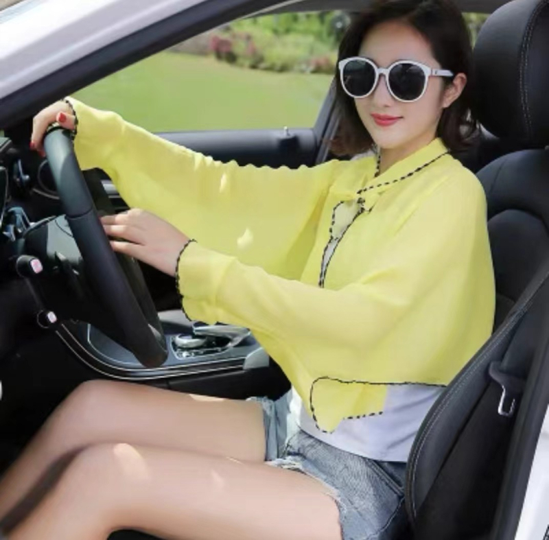 Sauļošanās šalle vasarai ar garām piedurknēm un volāniem no poliestera, elpojoša vidēja garuma, literāri retro stils (Zīmols: New saiqi; Materiāls: Poliesteris; Saturs: 81–95%; Funkcija: Saules aizsardzība)