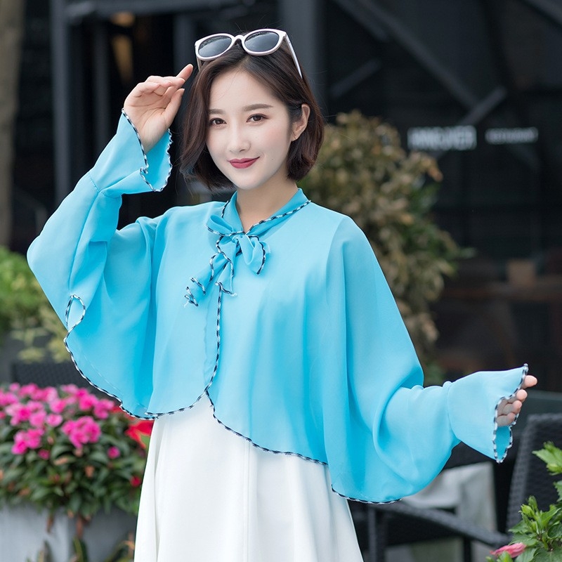 Sauļošanās šalle vasarai ar garām piedurknēm un volāniem no poliestera, elpojoša vidēja garuma, literāri retro stils (Zīmols: New saiqi; Materiāls: Poliesteris; Saturs: 81–95%; Funkcija: Saules aizsardzība)