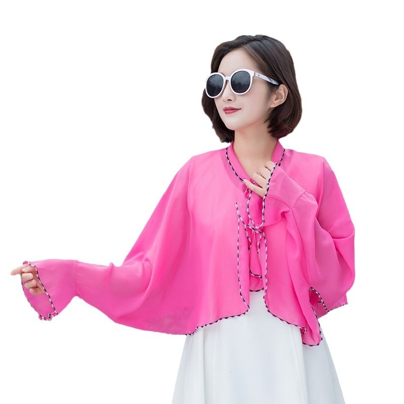 Sauļošanās šalle vasarai ar garām piedurknēm un volāniem no poliestera, elpojoša vidēja garuma, literāri retro stils (Zīmols: New saiqi; Materiāls: Poliesteris; Saturs: 81–95%; Funkcija: Saules aizsardzība)