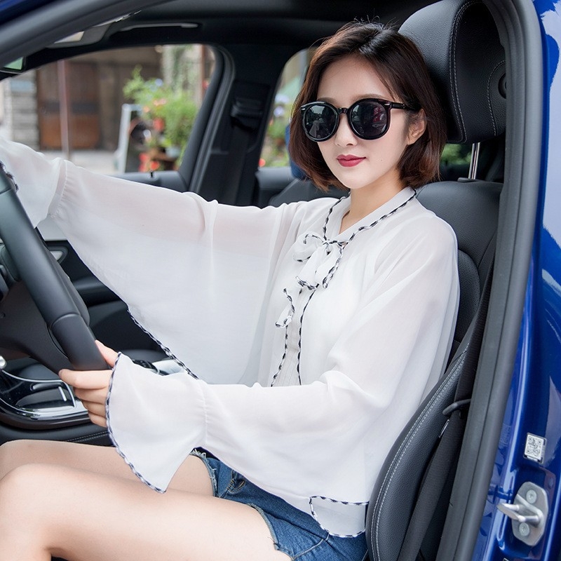 Sauļošanās šalle vasarai ar garām piedurknēm un volāniem no poliestera, elpojoša vidēja garuma, literāri retro stils (Zīmols: New saiqi; Materiāls: Poliesteris; Saturs: 81–95%; Funkcija: Saules aizsardzība)