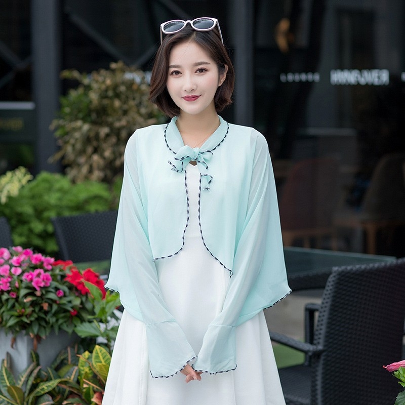 Sauļošanās šalle vasarai ar garām piedurknēm un volāniem no poliestera, elpojoša vidēja garuma, literāri retro stils (Zīmols: New saiqi; Materiāls: Poliesteris; Saturs: 81–95%; Funkcija: Saules aizsardzība)