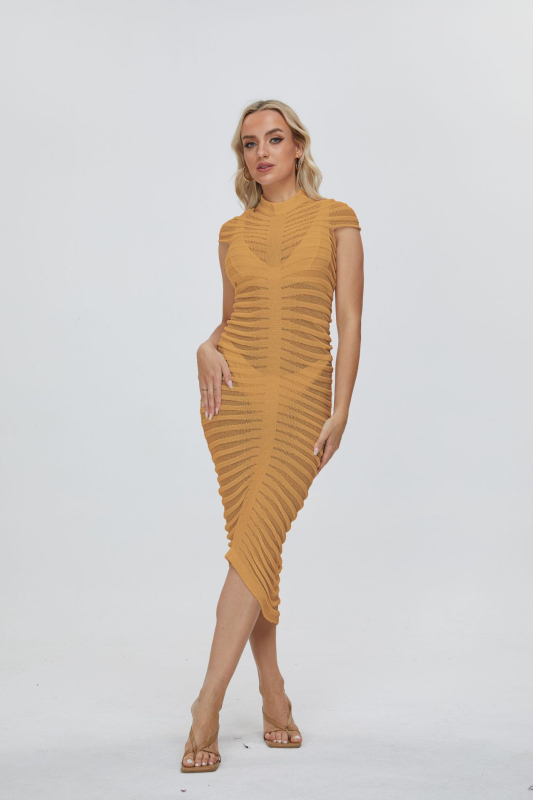 Ženska hollow-knit haljina s geometrijskim uzorkom, akrilni materijal 95%+, UPF40+, srednja duljina 65-80 cm