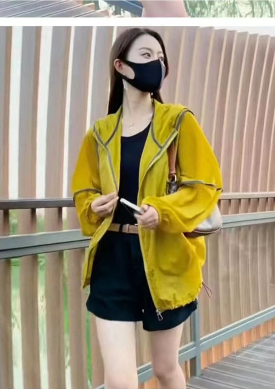 Kapucēta saules aizsardzības tops, elpojošs, ļoti viegls poliestera audums, korejiešu stilā brīvs piegriezums