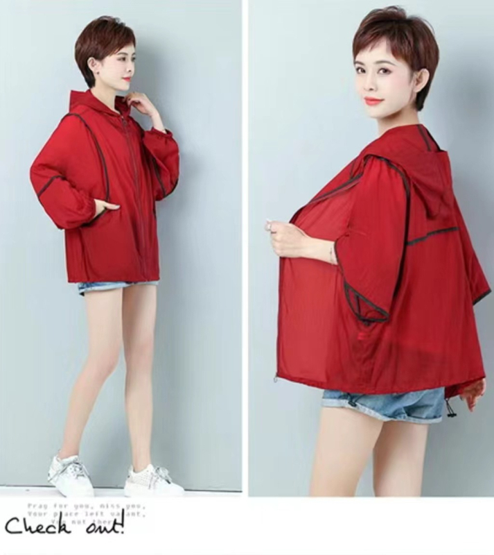 Kapucēta saules aizsardzības tops, elpojošs, ļoti viegls poliestera audums, korejiešu stilā brīvs piegriezums