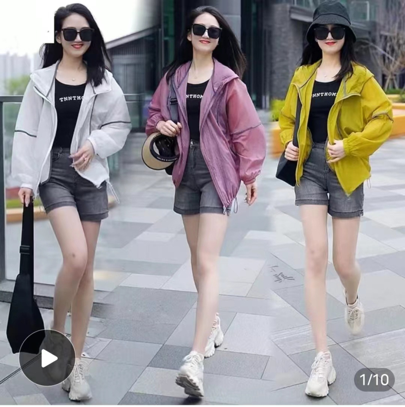 Kapucēta saules aizsardzības tops, elpojošs, ļoti viegls poliestera audums, korejiešu stilā brīvs piegriezums