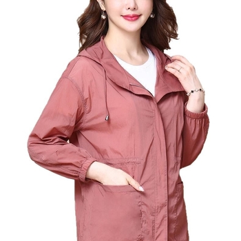 Ženska jakna srednje duljine s kapuljom i UV zaštitom, podesiva šnira, prozračna, otporna na vjetar, najlonska tkanina