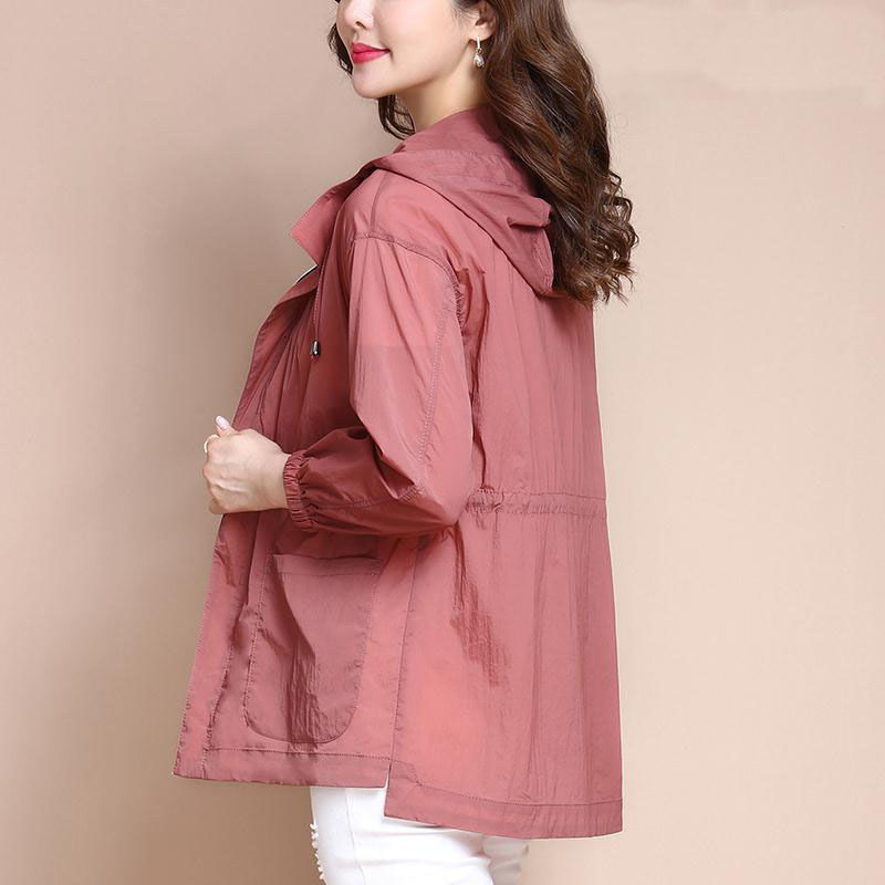 Ženska jakna srednje duljine s kapuljom i UV zaštitom, podesiva šnira, prozračna, otporna na vjetar, najlonska tkanina