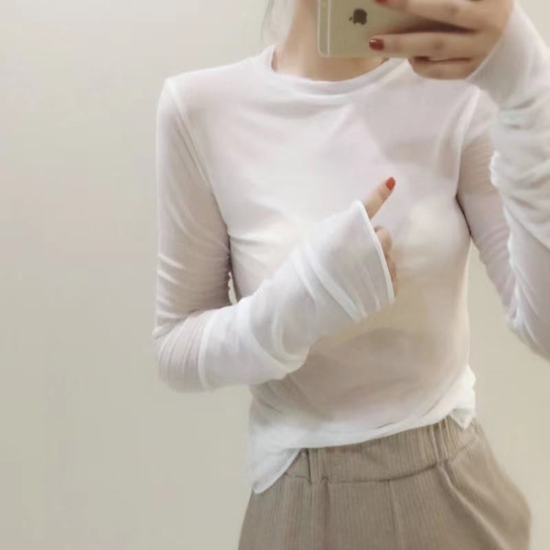 Топ с UV защита от Ice Silk Mesh, дълъг ръкав, тънък пуловер, полиестров-спандекс смес
