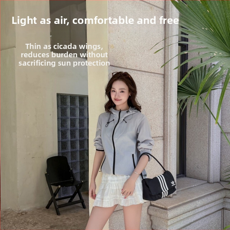 Sieviešu kapucēta neilona jaka ar UV aizsardzību, vēju izturīga un ūdens atgrūdoša, āra sporta stils, vasara 2025