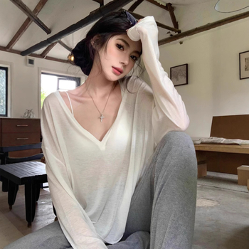 Ženska majica s V izrezom i UV zaštitom, labavi kroj, poliester, dugi rukavi