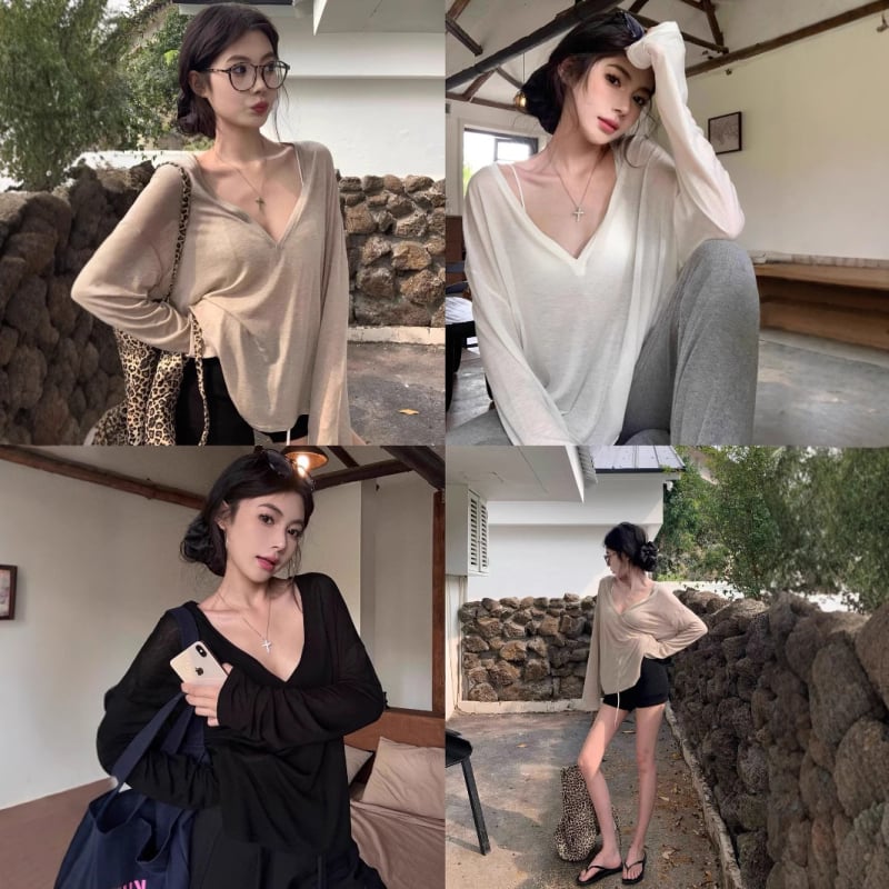 Ženska majica s V izrezom i UV zaštitom, labavi kroj, poliester, dugi rukavi