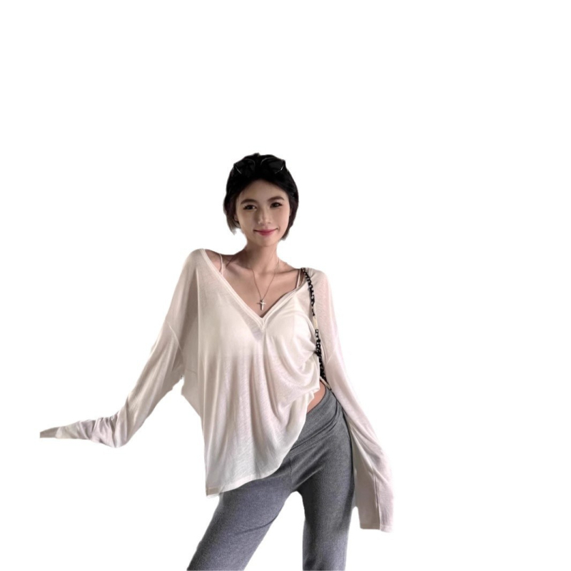 Ženska majica s V izrezom i UV zaštitom, labavi kroj, poliester, dugi rukavi