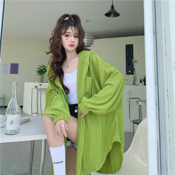 Ženski kapuljačasti kardigan za zaštitu od sunca, srednje duljine, širokog kroja, dugi rukavi, tkanina sa spandexom