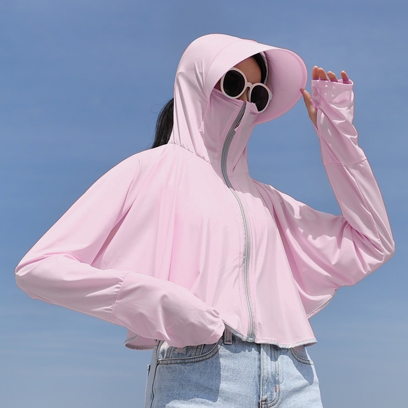 Ženski top za zaštitu od sunca s dugim rukavima, brzo sušenje, poliester ice silk, kapuljača, svjež i sladak stil, ljeto 2024