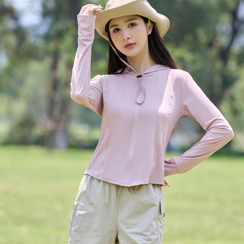 Ženski top od ice silk s UV zaštitom, uski kroj, dugi rukav sa zipom, ljeto 2024