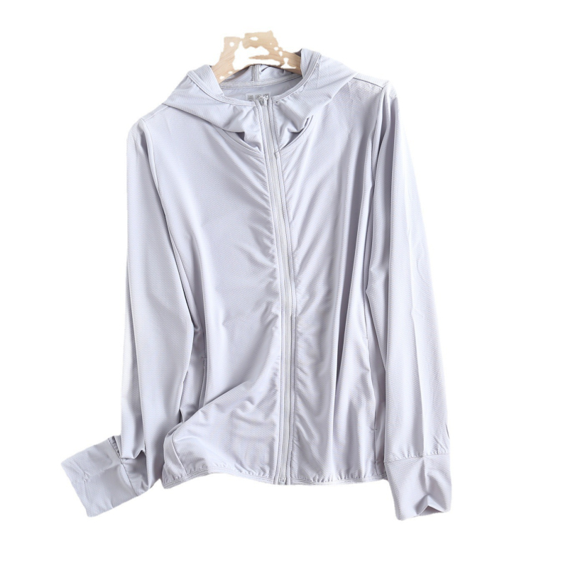 Ženski kaput s kapuljom i zatvaračem, mrežasta tkanina, UV zaštita, dugi rukavi, uski kroj, poliestersko-elastanska mješavina