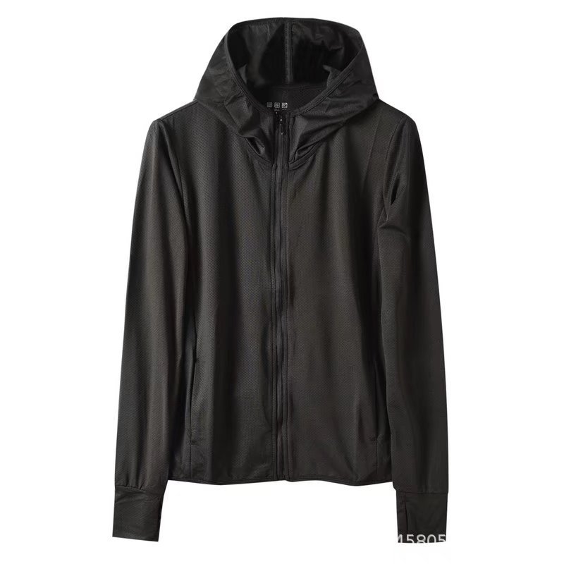 Ženski kaput s kapuljom i zatvaračem, mrežasta tkanina, UV zaštita, dugi rukavi, uski kroj, poliestersko-elastanska mješavina