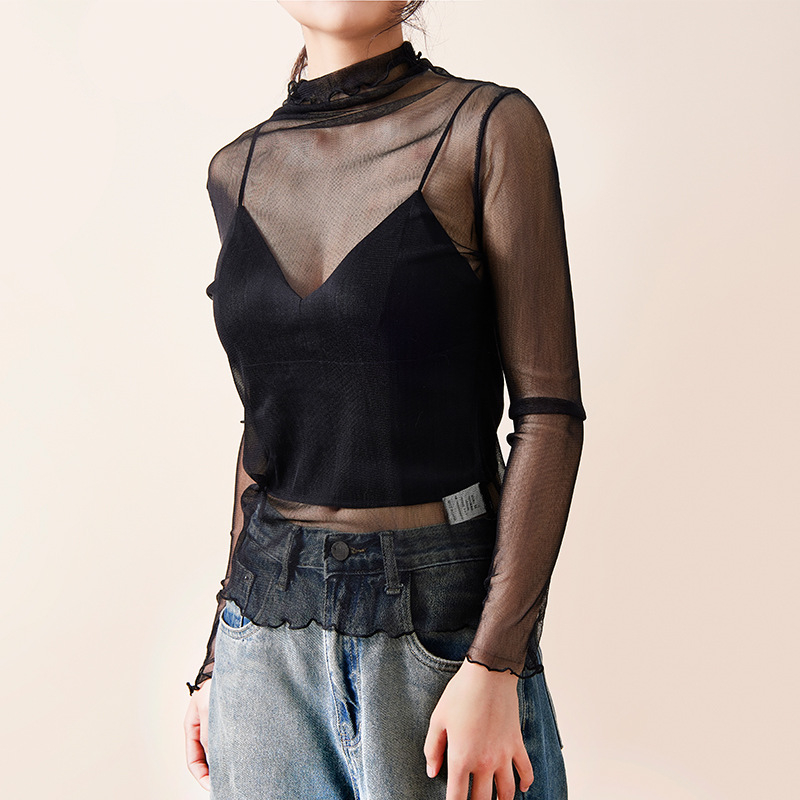 100% selyem hálós textúrájú felső UV-védelmével, félmagas gallér, légáteresztő