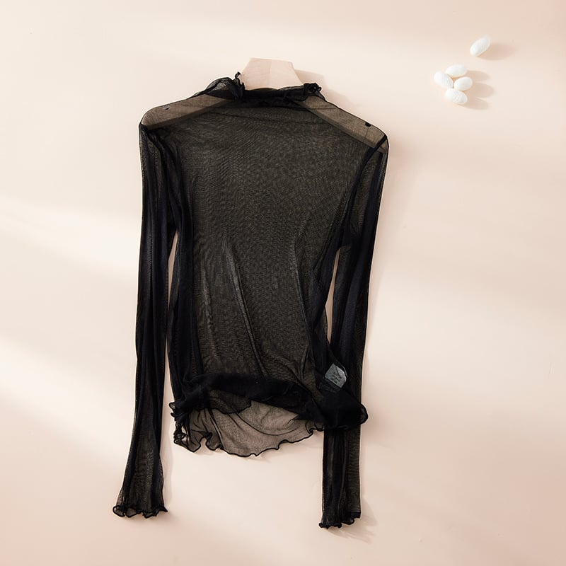 100% selyem hálós textúrájú felső UV-védelmével, félmagas gallér, légáteresztő