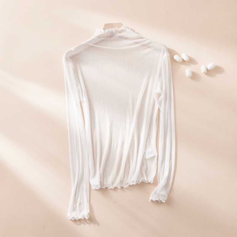 100% selyem hálós textúrájú felső UV-védelmével, félmagas gallér, légáteresztő