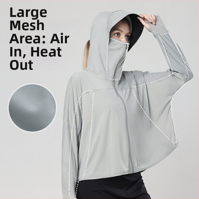 Ženska jakna s kapuljacom za zaštitu od sunca UPF99+, prozračni poliester, univerzalni gradski stil, proljeće 2024
