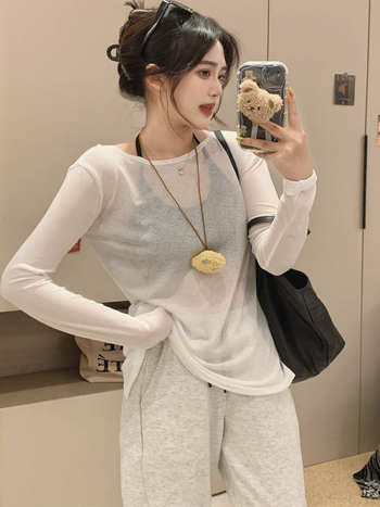 Najlon dugi rukav top s V-izrezom, pulover, tanak materijal, kratka duljina, jednobojna boja, ljeto 2025, sastav: 90–95% najlona + Spandex <30%