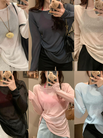 Najlon dugi rukav top s V-izrezom, pulover, tanak materijal, kratka duljina, jednobojna boja, ljeto 2025, sastav: 90–95% najlona + Spandex <30%