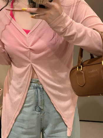 Najlon dugi rukav top s V-izrezom, pulover, tanak materijal, kratka duljina, jednobojna boja, ljeto 2025, sastav: 90–95% najlona + Spandex <30%