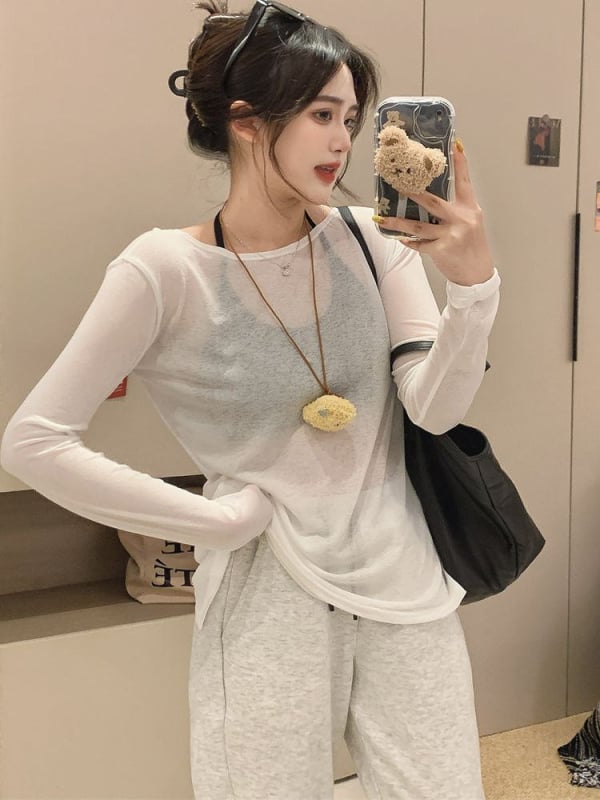 Najlon dugi rukav top s V-izrezom, pulover, tanak materijal, kratka duljina, jednobojna boja, ljeto 2025, sastav: 90–95% najlona + Spandex <30%