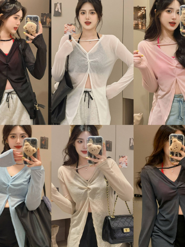 Najlon dugi rukav top s V-izrezom, pulover, tanak materijal, kratka duljina, jednobojna boja, ljeto 2025, sastav: 90–95% najlona + Spandex <30%