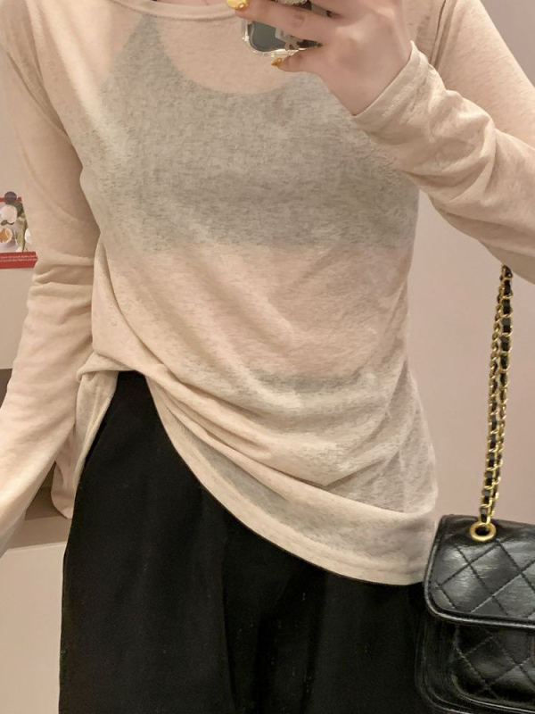 Najlon dugi rukav top s V-izrezom, pulover, tanak materijal, kratka duljina, jednobojna boja, ljeto 2025, sastav: 90–95% najlona + Spandex <30%